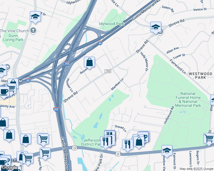 map of restaurants, bars, coffee shops, grocery stores, and more near 2638 Kirklyn Street in Falls Church