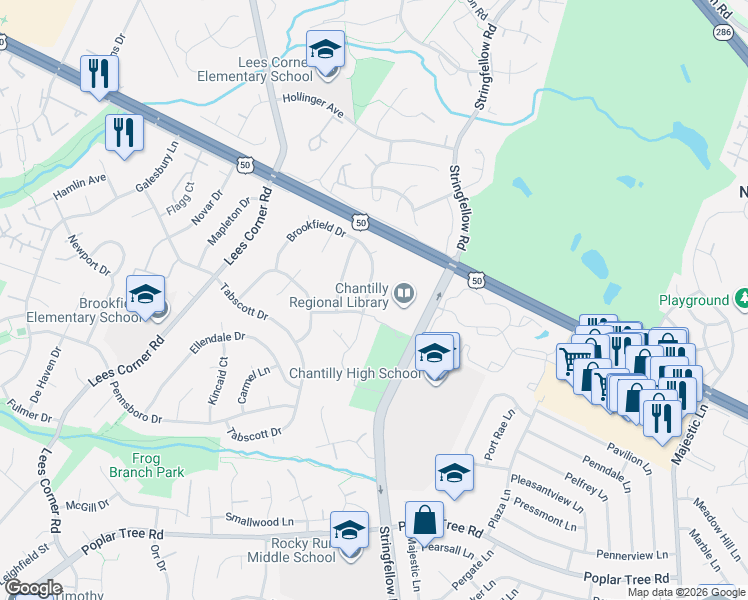 map of restaurants, bars, coffee shops, grocery stores, and more near 13403 Brookfield Dr in Chantilly