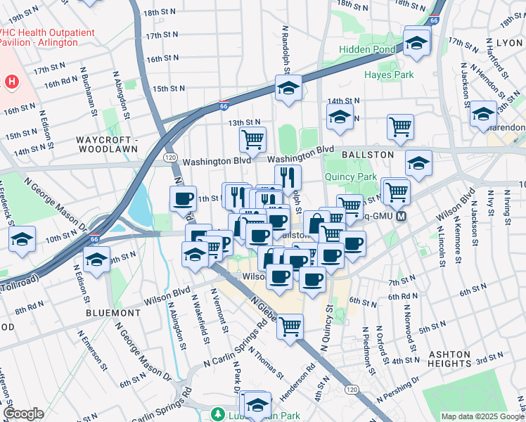map of restaurants, bars, coffee shops, grocery stores, and more near 1029 North Stuart Street in Arlington