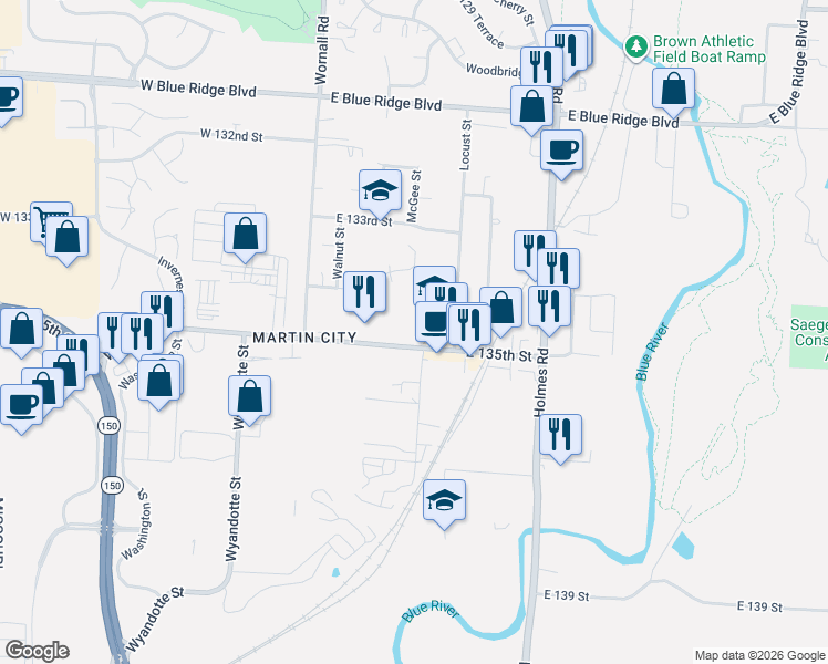 map of restaurants, bars, coffee shops, grocery stores, and more near 330 East 135th Street in Kansas City