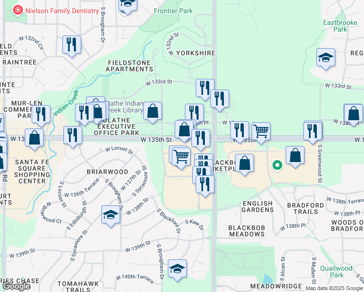 map of restaurants, bars, coffee shops, grocery stores, and more near 15257 W 135th St in Olathe
