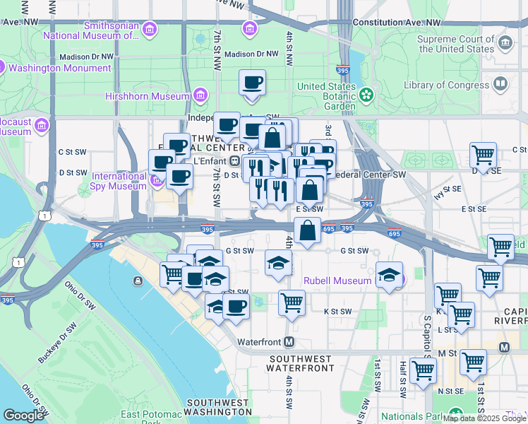 map of restaurants, bars, coffee shops, grocery stores, and more near 500 E Street Southwest in Washington