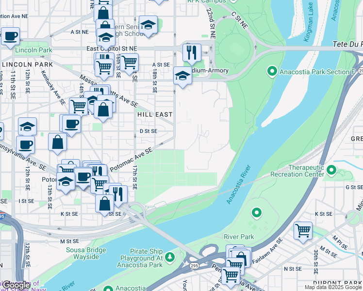 map of restaurants, bars, coffee shops, grocery stores, and more near 1901 D Street Southeast in Washington