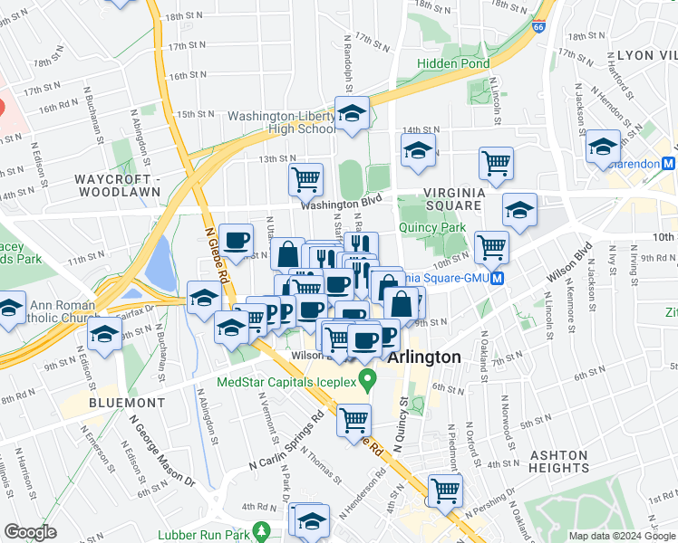 map of restaurants, bars, coffee shops, grocery stores, and more near 1020 North Stafford Street in Arlington