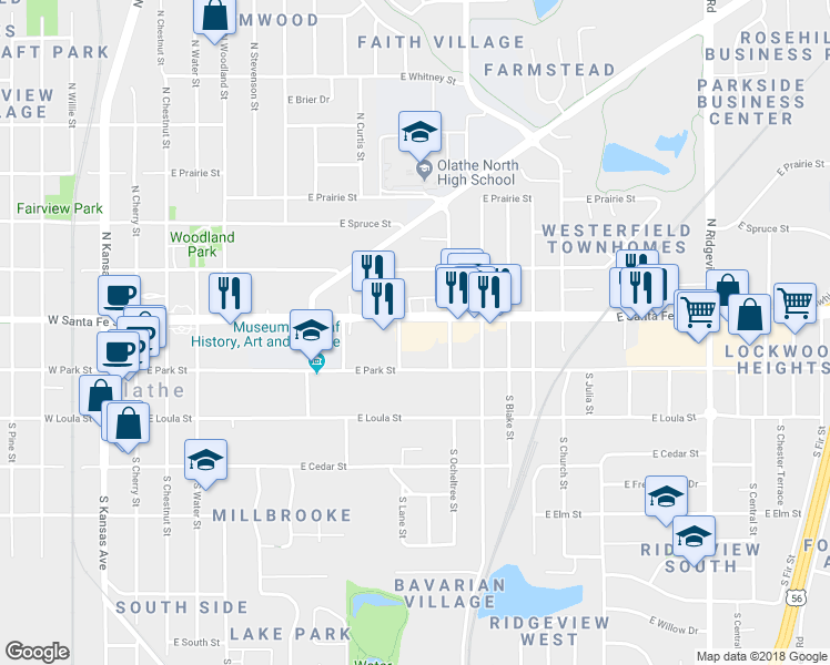 map of restaurants, bars, coffee shops, grocery stores, and more near 545 East Santa Fe Street in Olathe