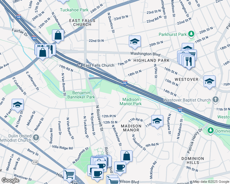 map of restaurants, bars, coffee shops, grocery stores, and more near 1316 North Quintana Street in Arlington