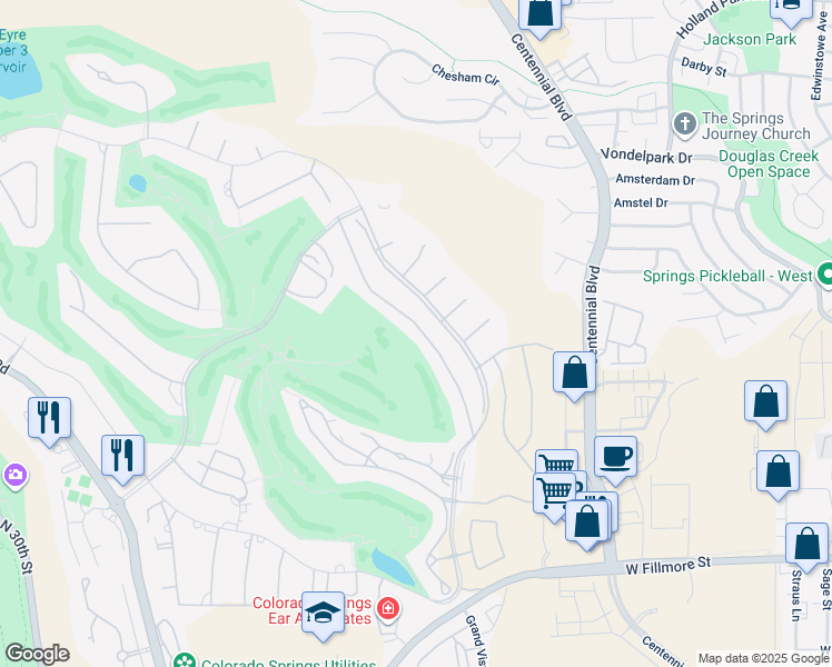 map of restaurants, bars, coffee shops, grocery stores, and more near 3450 Camels Ridge Ln in Colorado Springs
