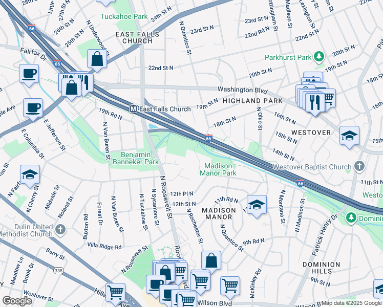map of restaurants, bars, coffee shops, grocery stores, and more near 1316 North Quintana Street in Arlington