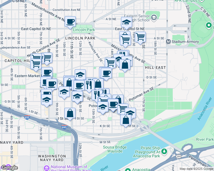 map of restaurants, bars, coffee shops, grocery stores, and more near 1350 E Street Southeast in Washington