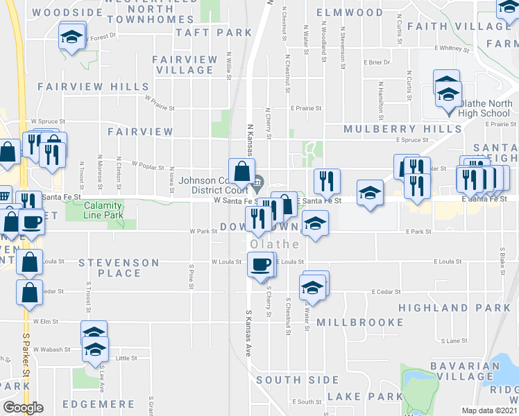 map of restaurants, bars, coffee shops, grocery stores, and more near 141 West Santa Fe Street in Olathe