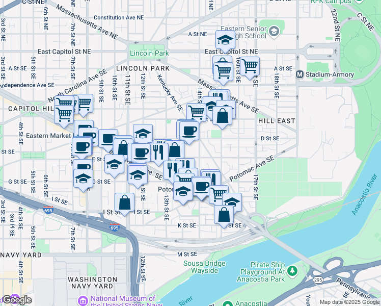 map of restaurants, bars, coffee shops, grocery stores, and more near 1350 E Street Southeast in Washington