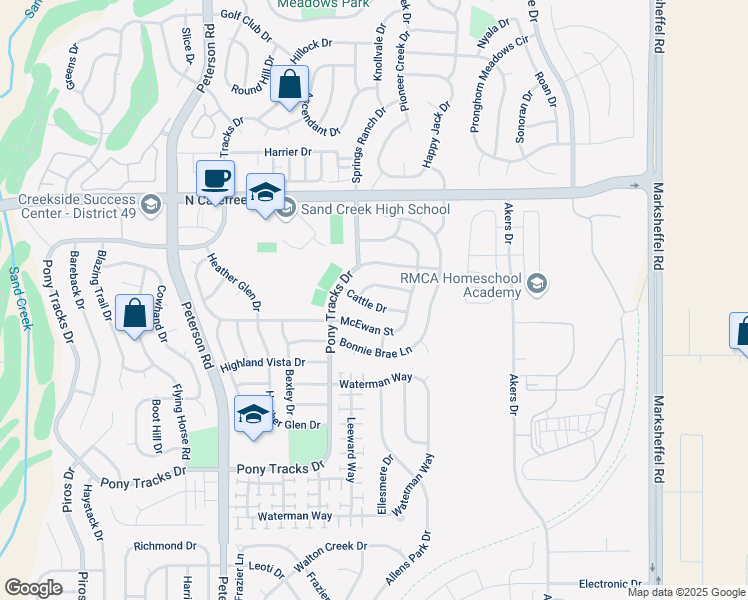map of restaurants, bars, coffee shops, grocery stores, and more near 7089 Cattle Drive in Colorado Springs