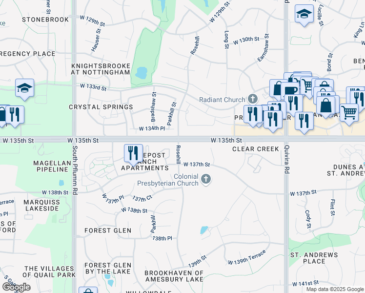 map of restaurants, bars, coffee shops, grocery stores, and more near 12610 West 137th Street in Overland Park