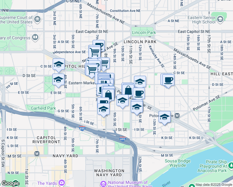 map of restaurants, bars, coffee shops, grocery stores, and more near 901 Pennsylvania Avenue Southeast in Washington