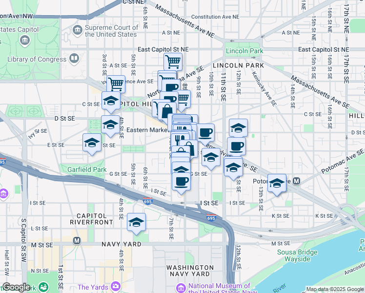 map of restaurants, bars, coffee shops, grocery stores, and more near 101 Independence Avenue Southeast in Washington