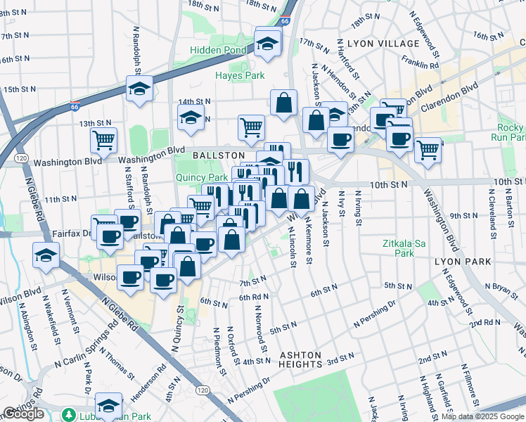 map of restaurants, bars, coffee shops, grocery stores, and more near 901 North Monroe Street in Arlington