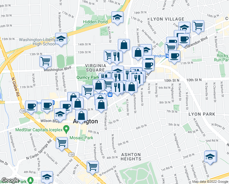 map of restaurants, bars, coffee shops, grocery stores, and more near 901 North Monroe Street in Arlington