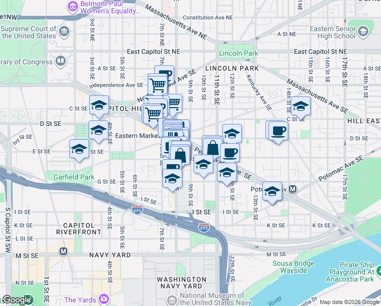 map of restaurants, bars, coffee shops, grocery stores, and more near 9th Street Southeast in Washington
