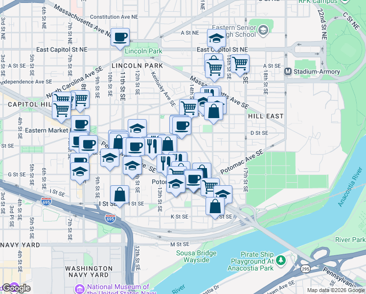 map of restaurants, bars, coffee shops, grocery stores, and more near 101 Independence Avenue Southeast in Washington