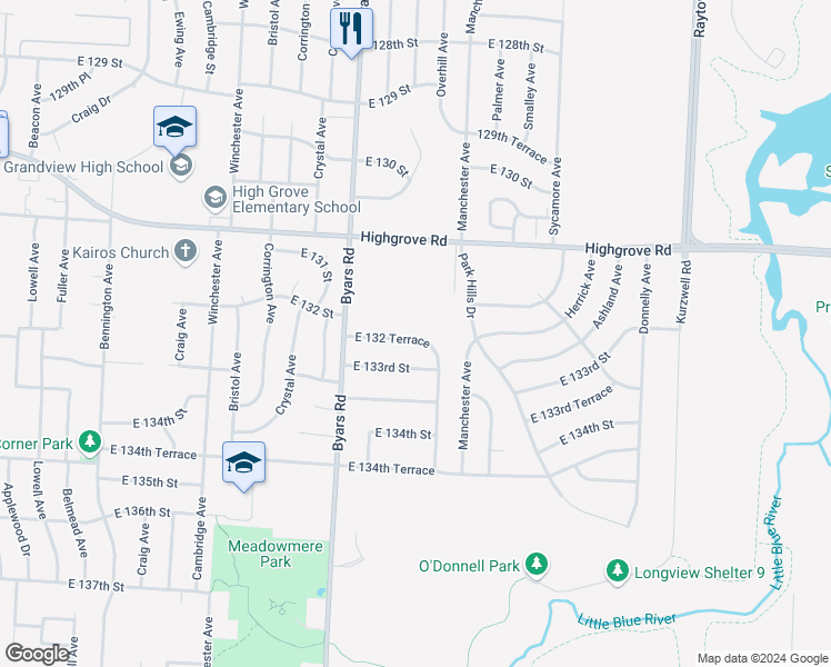 map of restaurants, bars, coffee shops, grocery stores, and more near 7602 East 132 Terrace in Grandview