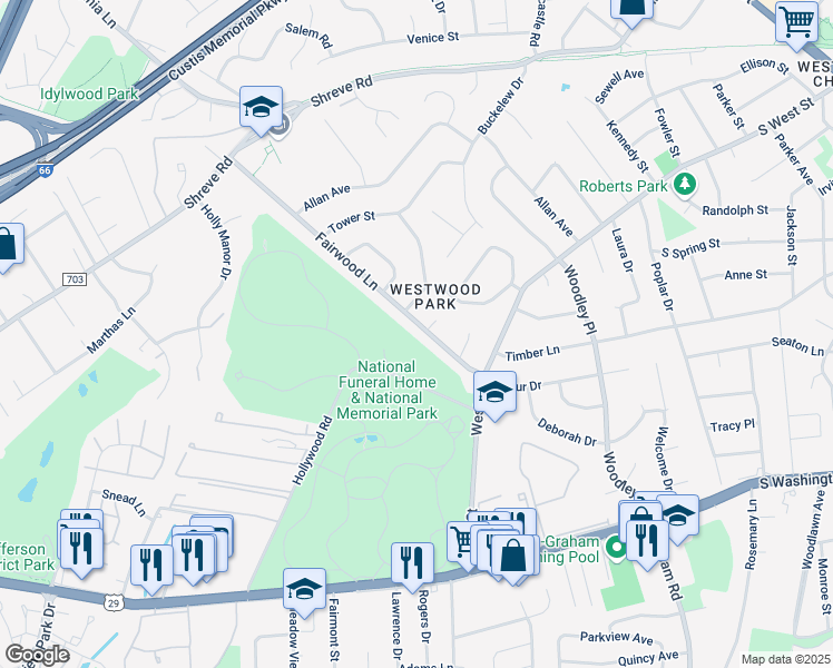 map of restaurants, bars, coffee shops, grocery stores, and more near 7401 Fairwood Lane in Falls Church