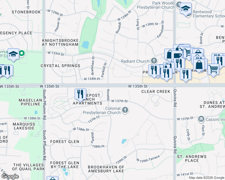map of restaurants, bars, coffee shops, grocery stores, and more near 12685 West 135th Street in Overland Park