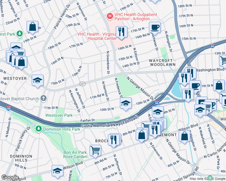 map of restaurants, bars, coffee shops, grocery stores, and more near 5215 11th Road North in Arlington