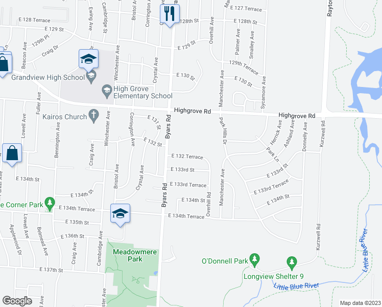 map of restaurants, bars, coffee shops, grocery stores, and more near 7504 East 132nd Terrace in Grandview