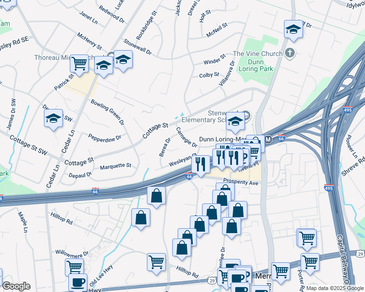 map of restaurants, bars, coffee shops, grocery stores, and more near 8400 Berea Court in Vienna