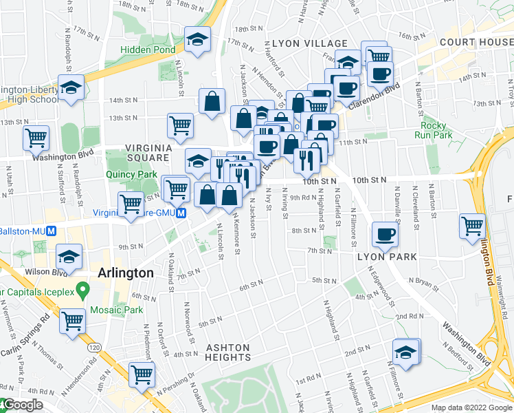 map of restaurants, bars, coffee shops, grocery stores, and more near 821 N Jackson St in Arlington