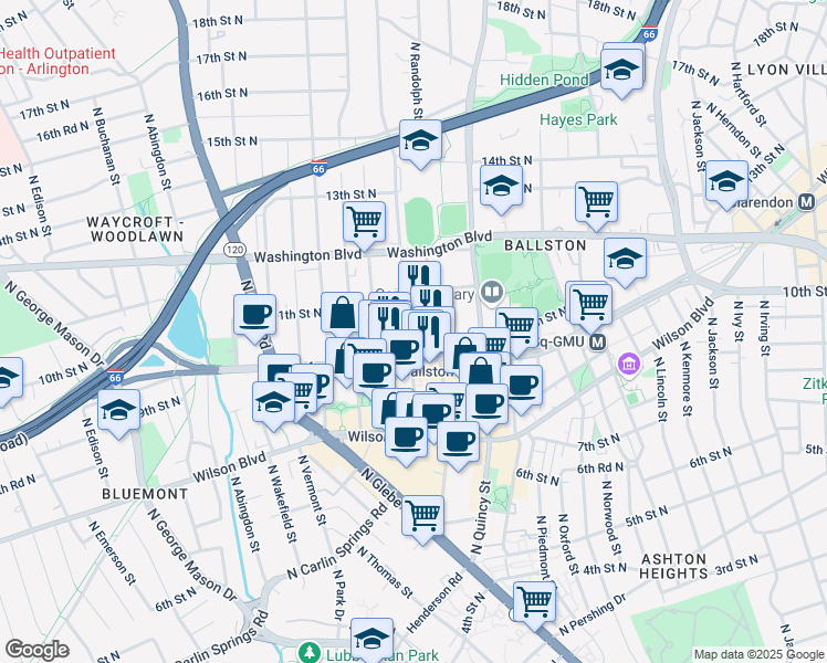 map of restaurants, bars, coffee shops, grocery stores, and more near 1047 North Stafford Street in Arlington