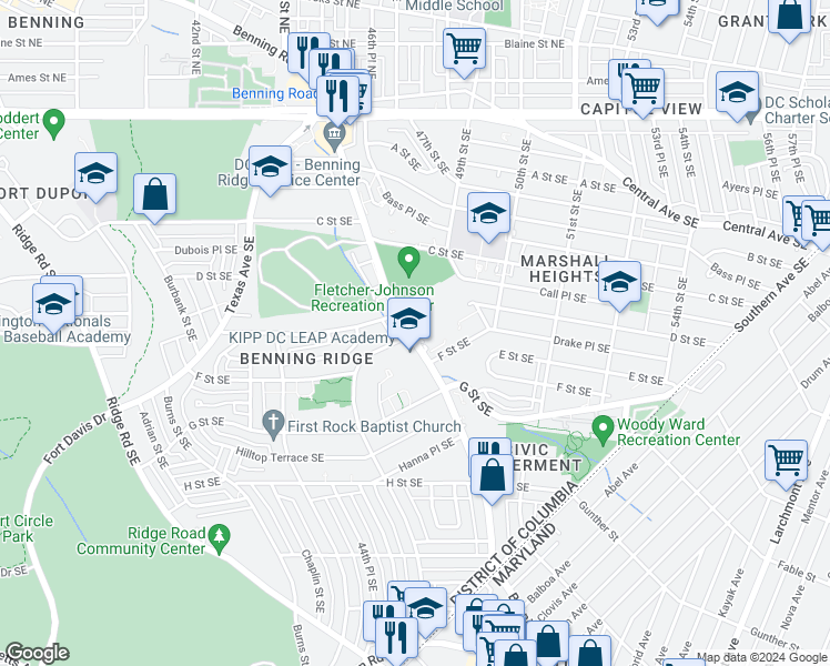 map of restaurants, bars, coffee shops, grocery stores, and more near 4724 Benning Road Southeast in Washington
