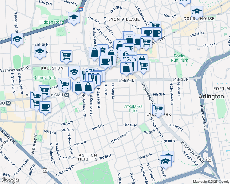 map of restaurants, bars, coffee shops, grocery stores, and more near 909 North Irving Street in Arlington