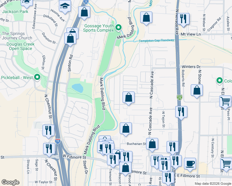 map of restaurants, bars, coffee shops, grocery stores, and more near 85 Sunflower Road in Colorado Springs