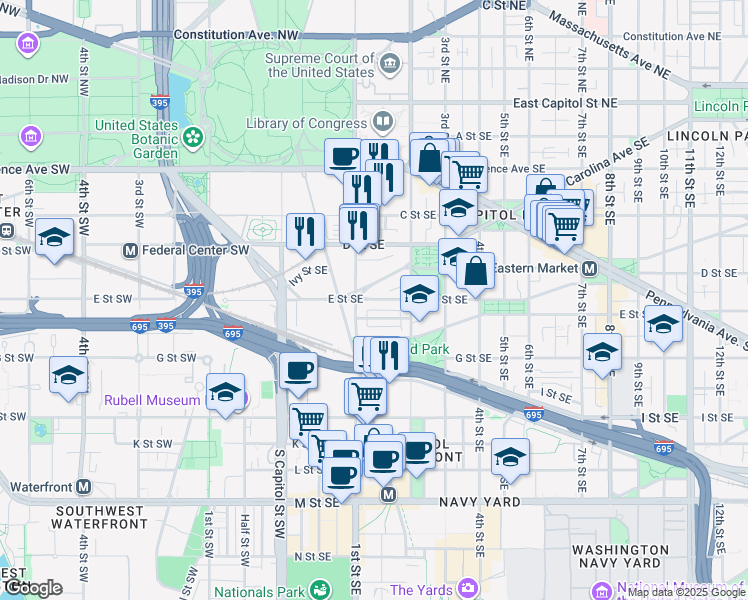 map of restaurants, bars, coffee shops, grocery stores, and more near 101 Independence Avenue Southeast in Washington