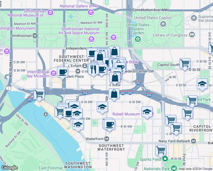 map of restaurants, bars, coffee shops, grocery stores, and more near 101 Independence Avenue Southeast in Washington