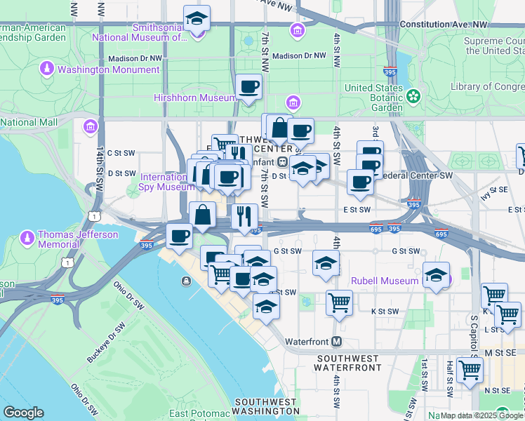 map of restaurants, bars, coffee shops, grocery stores, and more near 101 Independence Avenue Southeast in Washington