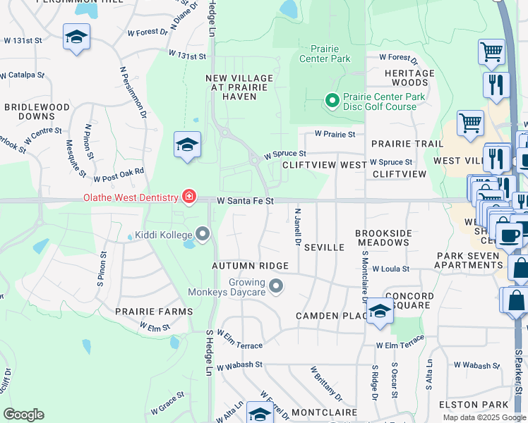 map of restaurants, bars, coffee shops, grocery stores, and more near 112 North Indian Wells Drive in Olathe