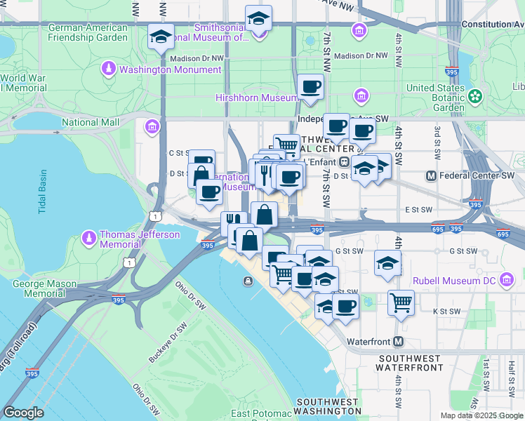 map of restaurants, bars, coffee shops, grocery stores, and more near 500 L'Enfant Plaza Southwest in Washington