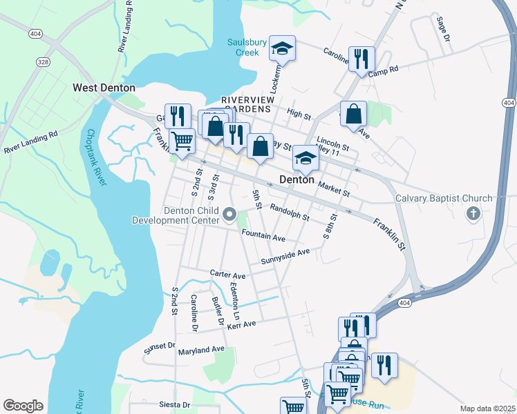 map of restaurants, bars, coffee shops, grocery stores, and more near Randolph Street in Denton
