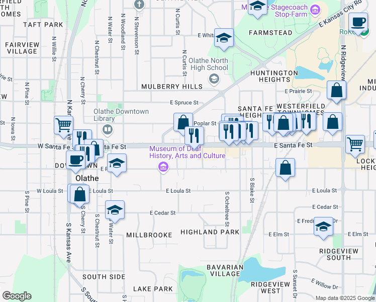 map of restaurants, bars, coffee shops, grocery stores, and more near 517 East Santa Fe Street in Olathe