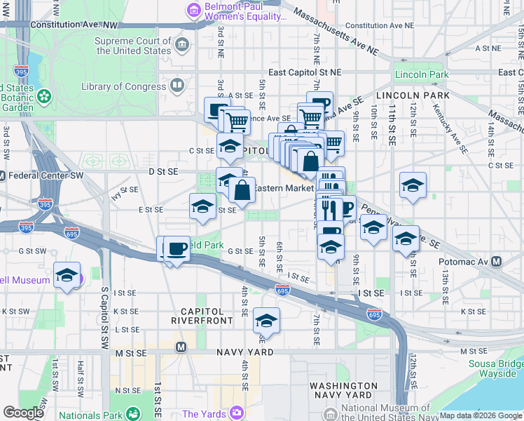 map of restaurants, bars, coffee shops, grocery stores, and more near 5th Street Southeast in Washington