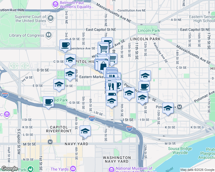 map of restaurants, bars, coffee shops, grocery stores, and more near 101 Independence Avenue Southeast in Washington