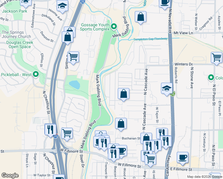 map of restaurants, bars, coffee shops, grocery stores, and more near 85 Sunflower Road in Colorado Springs