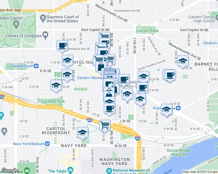 map of restaurants, bars, coffee shops, grocery stores, and more near 415 8th Street Southeast in Washington