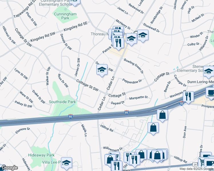 map of restaurants, bars, coffee shops, grocery stores, and more near 2 Cedar Lane in Vienna