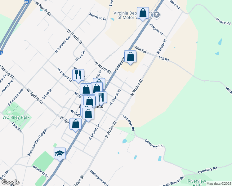 map of restaurants, bars, coffee shops, grocery stores, and more near 219 North Church Street in Woodstock