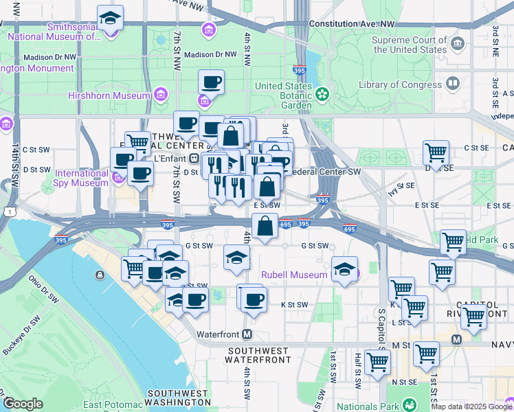 map of restaurants, bars, coffee shops, grocery stores, and more near 375 E Street Southwest in Washington