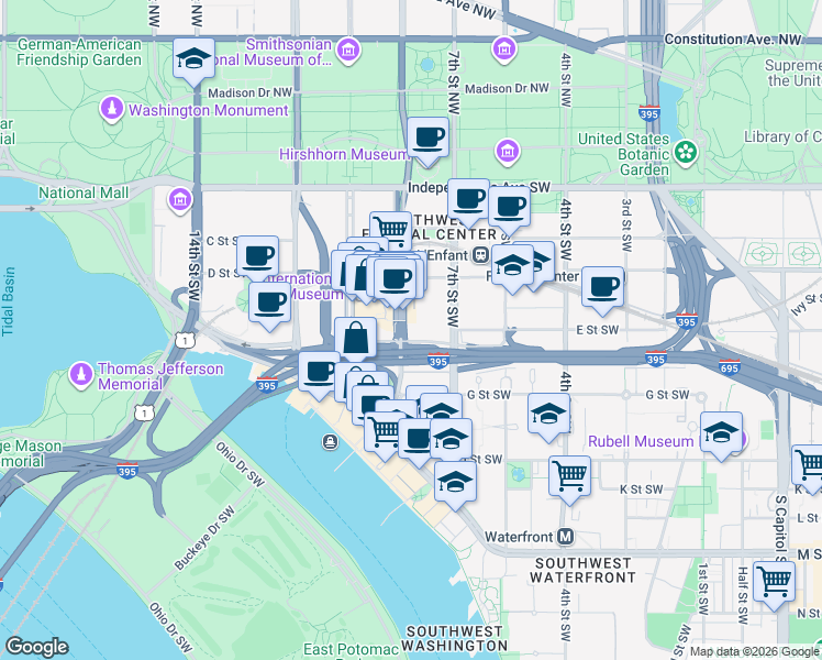 map of restaurants, bars, coffee shops, grocery stores, and more near 101 Independence Avenue Southeast in Washington