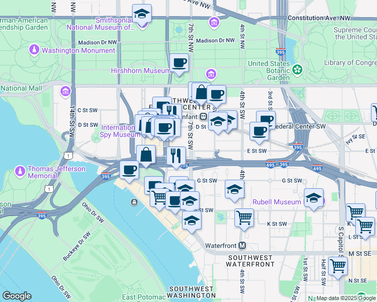 map of restaurants, bars, coffee shops, grocery stores, and more near 451 7th Street Southwest in Washington